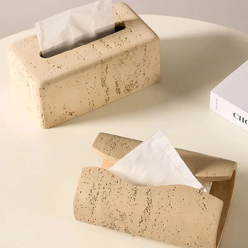 Modern Cave Stone Tissue Box Holder Living Room Contemporary Light Luxury Table Creative Beige Tissue Paper Cover INS 2