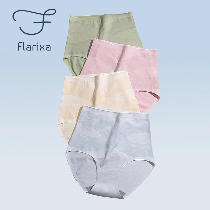 Flarixa Seamless Women High Waist Cotton Panties Cross Tummy Control  Underwear Girls Briefs Breathable Solid Color Underpants