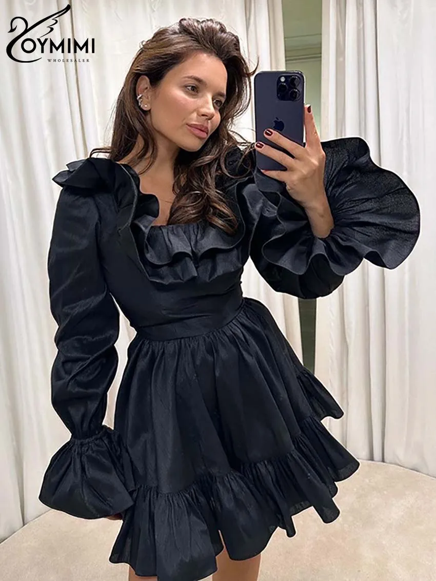 

Oymimi Elegant Black Cotton Women's Dress Casual Ruffled Square Neck Long Sleeve Dresses Spring New High Waisted Mini Dresses