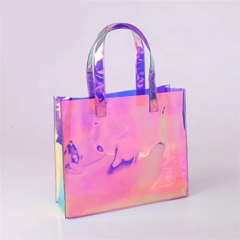 Wholesale 200Pcs/Lot New Style Custom Eco Luxury Waterproof Neon Shiny PVC Laser Shopping Bag Long Handle With Your Logo Printed