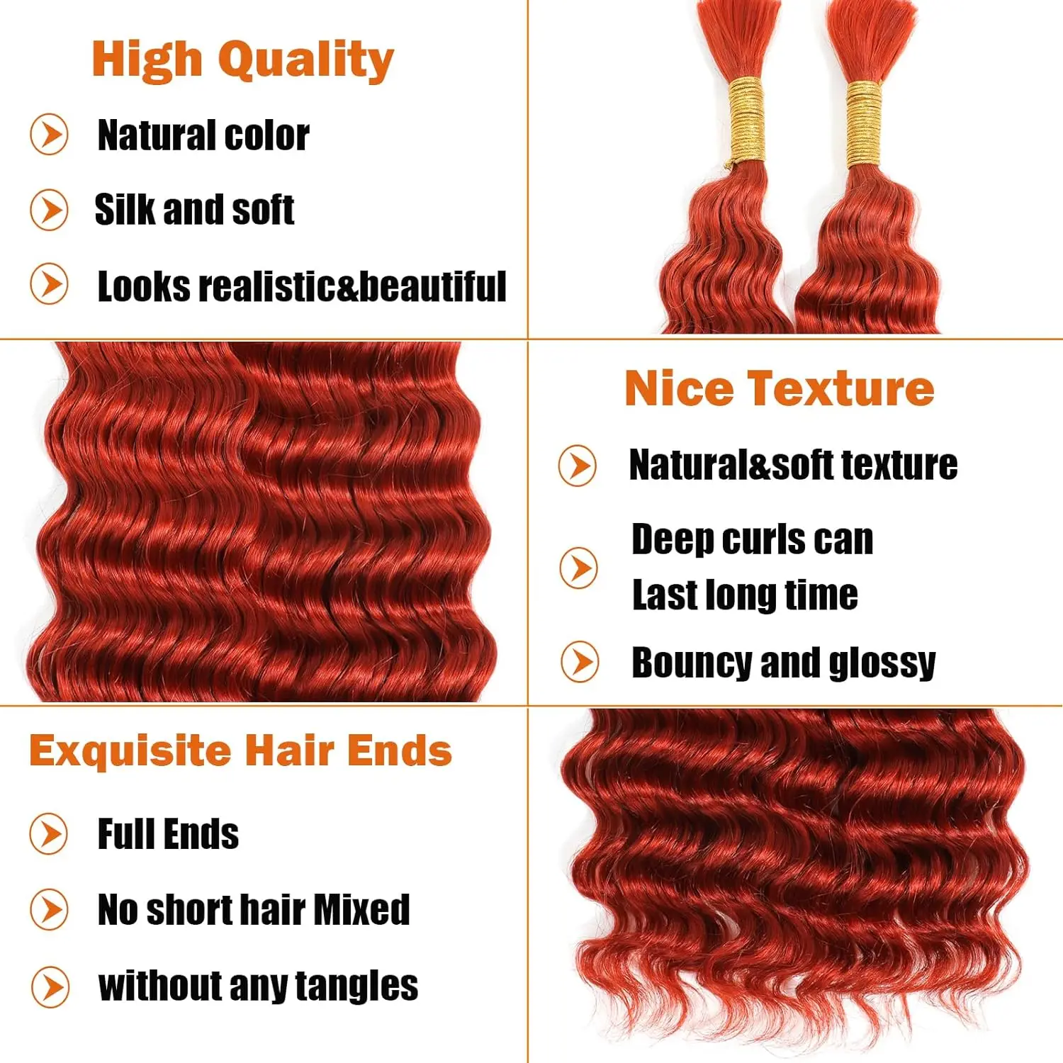 350# Ginger Orange Human Hair Bulk 28inch Deep Wave Human Hair for Braiding 100% Unprocessed No Weft Vingin Hair Bulk Extensions