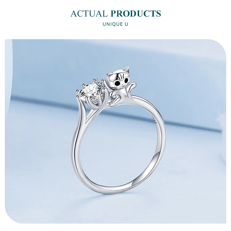Sterling Silver Cute Cat Zircon Rings Plated Platinum For Women Fashion Ring Fine - PeticaDeals