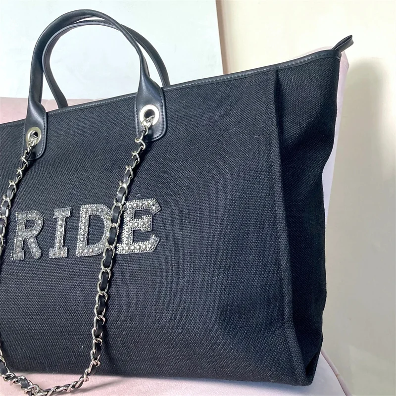Black Bride Canvas Tote Bag Wedding Honeymoon Overnight Bachelorette Oversized Beach Holdall Bridal Women's Handbag, Beach Bag