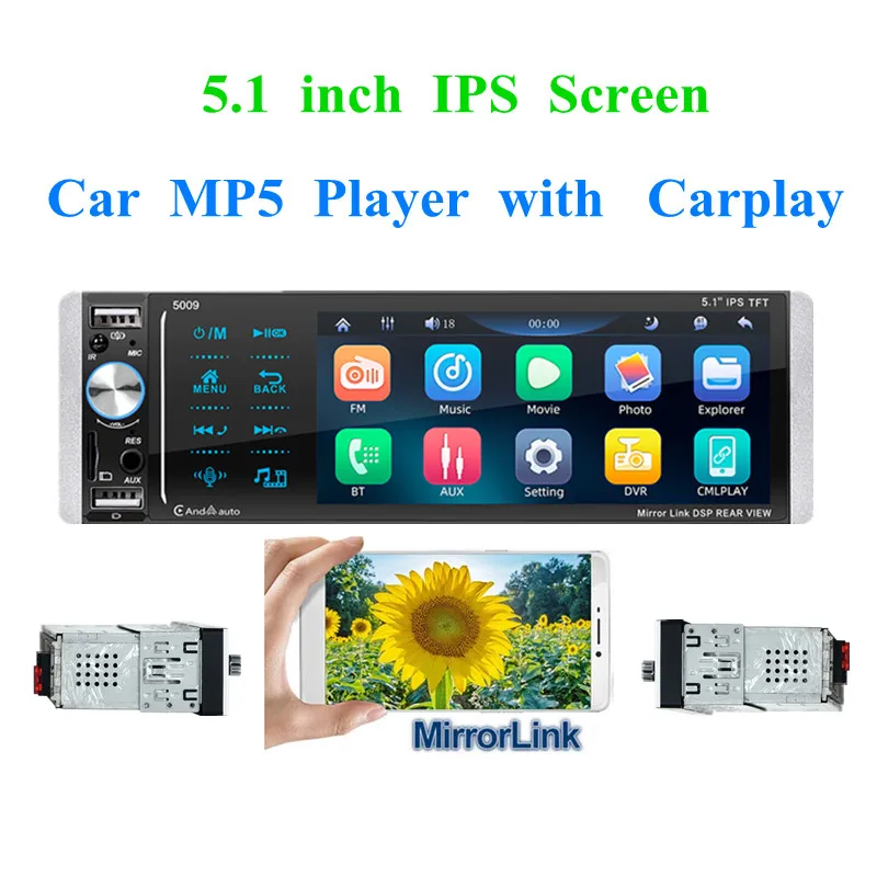 Universal 1 DIN Car Radio 5.1 Inch IPS Car MP5 Player HD Touch Screen Bluetooth Radio, Support Mirror Link, Camera, Carplay