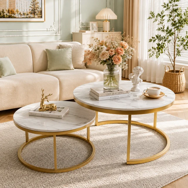 Ensemble de 2 Tables Basses Rondes, Table Gigogne Ronde Moderne, Table Basse Marbre, Lot de 2 Tables d'appoint Rondes, pour Salon, Balcon et Bureau, Blanc et Or/Blanc+Noir 1