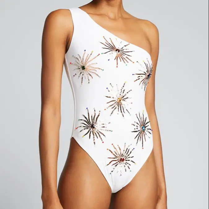 2022 Fashion Print One Shoulder Bikini Sexy Slim Gathering Swimsuit Seamless Splicing Women's Halter High Waist Cut Beachwear