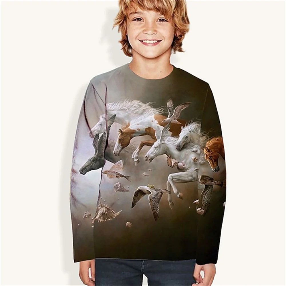 Horse Print 3d Teen Girl Clothes From 8 To 10 Years Kids One Piece T-Shirt Long Sleeve Boy Child Clothing Polyester Tops 2023