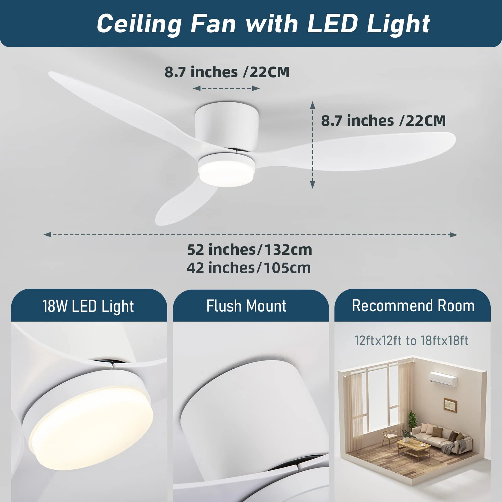 IRALAN Ceiling Fan With Light,42 Inch/52 Inch Low Profile Ceiling Fan with remote control,  For Indoor and Covered Outdoor 6