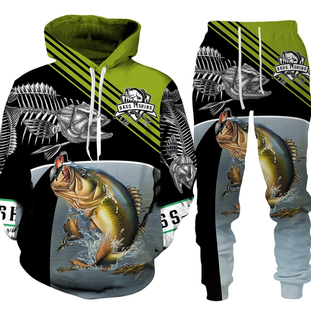 Four Season 3D Carp Fishing Hunting Camo Printed Men's Hoodie Pants  Tracksuit Set Sportswear Long Sleeve