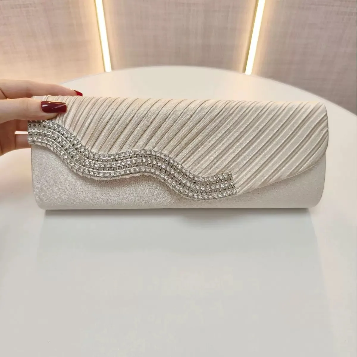 Bolso De Noche Plisado Con Incrustaciones De Diamantes Para Mujer #951