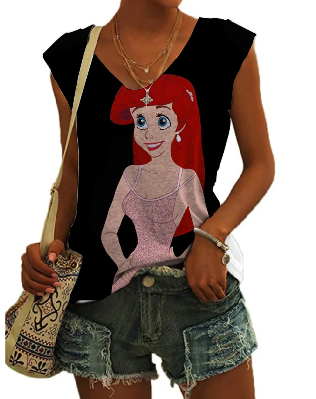 

Cute Ariel Mermaid Anime 3D Printing 2023 Summer New Disney Brand Cartoon Pattern Ladies Street V Neck Sleeveless Vest Y2K