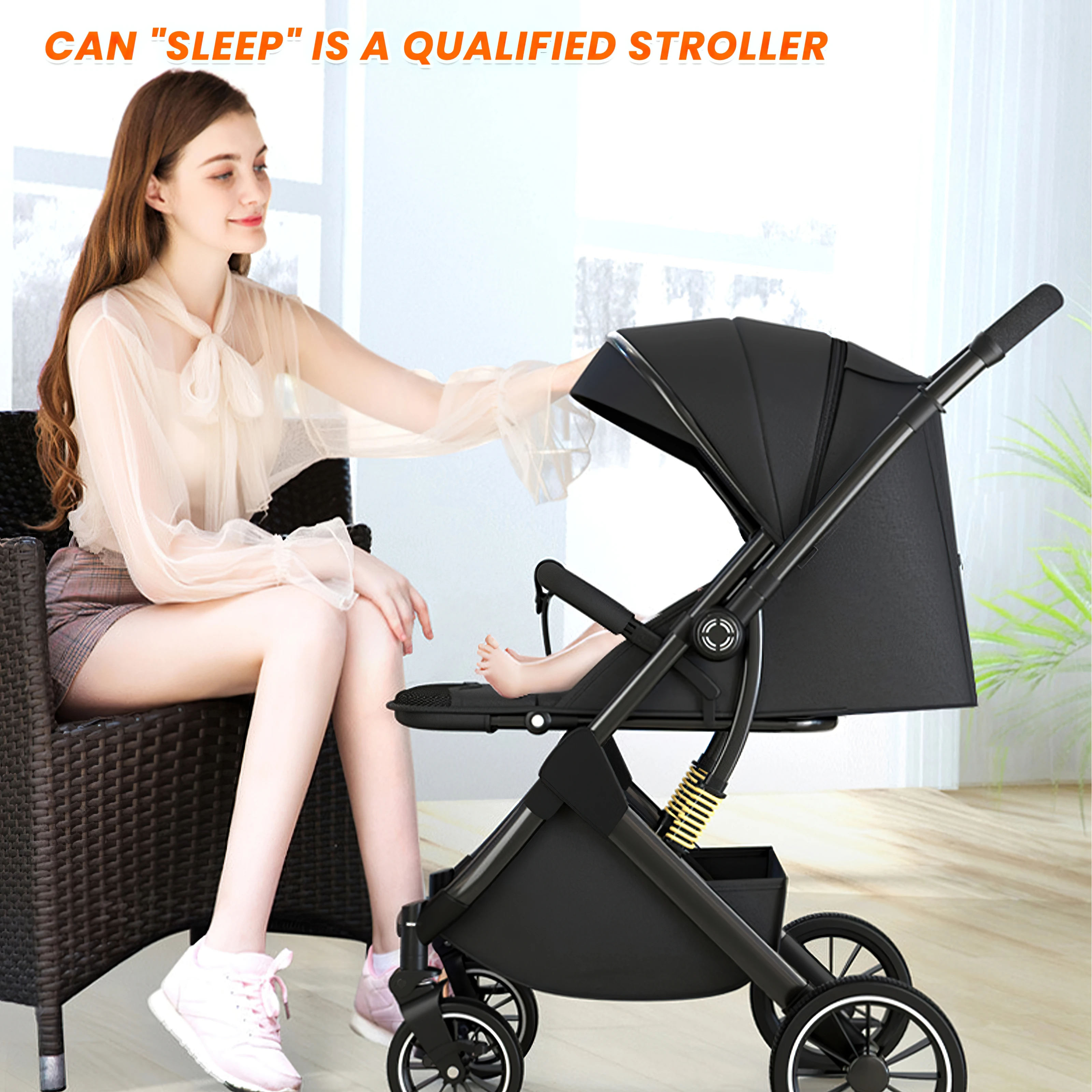 Leichter Hochlandschafts-Kinderwagen, faltbar, multifunktional, für Neugeborene, vierrädrig, stoßdämpfend – Detail 5