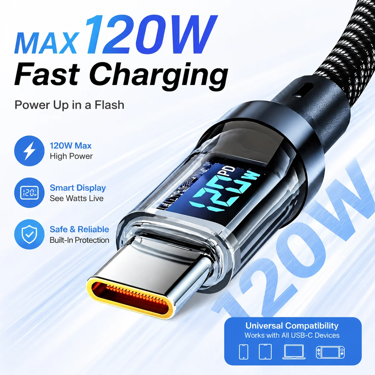 High-Power LED Display USB-C Fast Charging Cable with 480Mbps Data Transfer - Durable Nylon Braided Cord