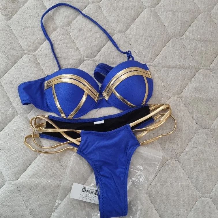 Svart bandagebaddräkt Sexig brasiliansk bikini Push Up-badkläder Dam Micro Bikinis Plus Size Beachwear Shiny Gold Beachwear photo review