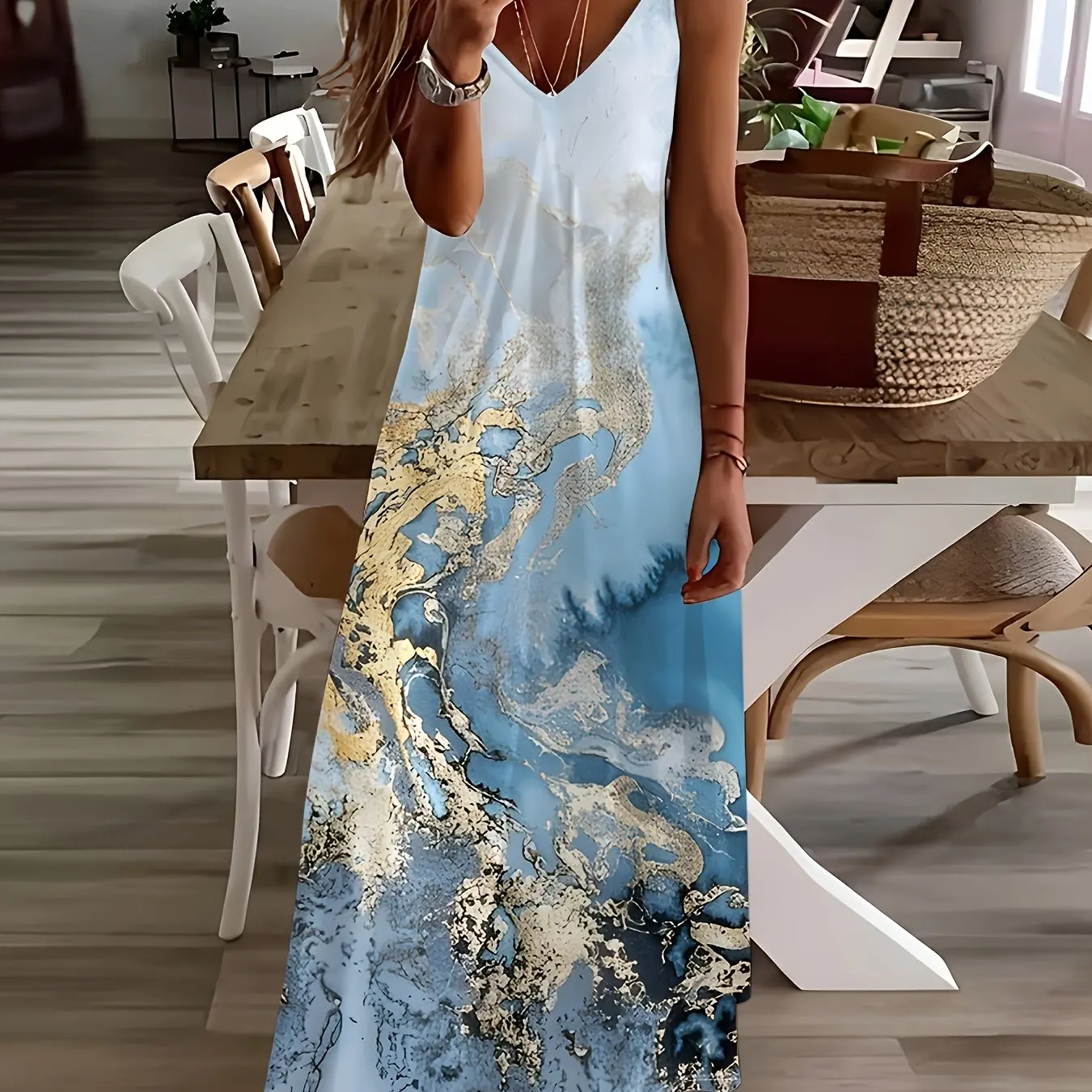 thumbnail image 1 of Vestido largo informal de corte A con tirantes y estampado de salpicaduras de degradado de verano para mujer, elegante y holgado para playa de primavera., 1 of 4