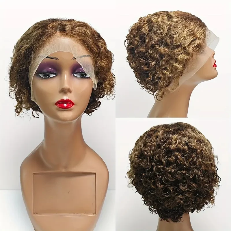 4/27 Highlight Blonde Pixie Short Curly Bob Wigs 13x4 Lace Front Wig Pixie Cut Wig Short Deep Curly Transparent Lace Frontal