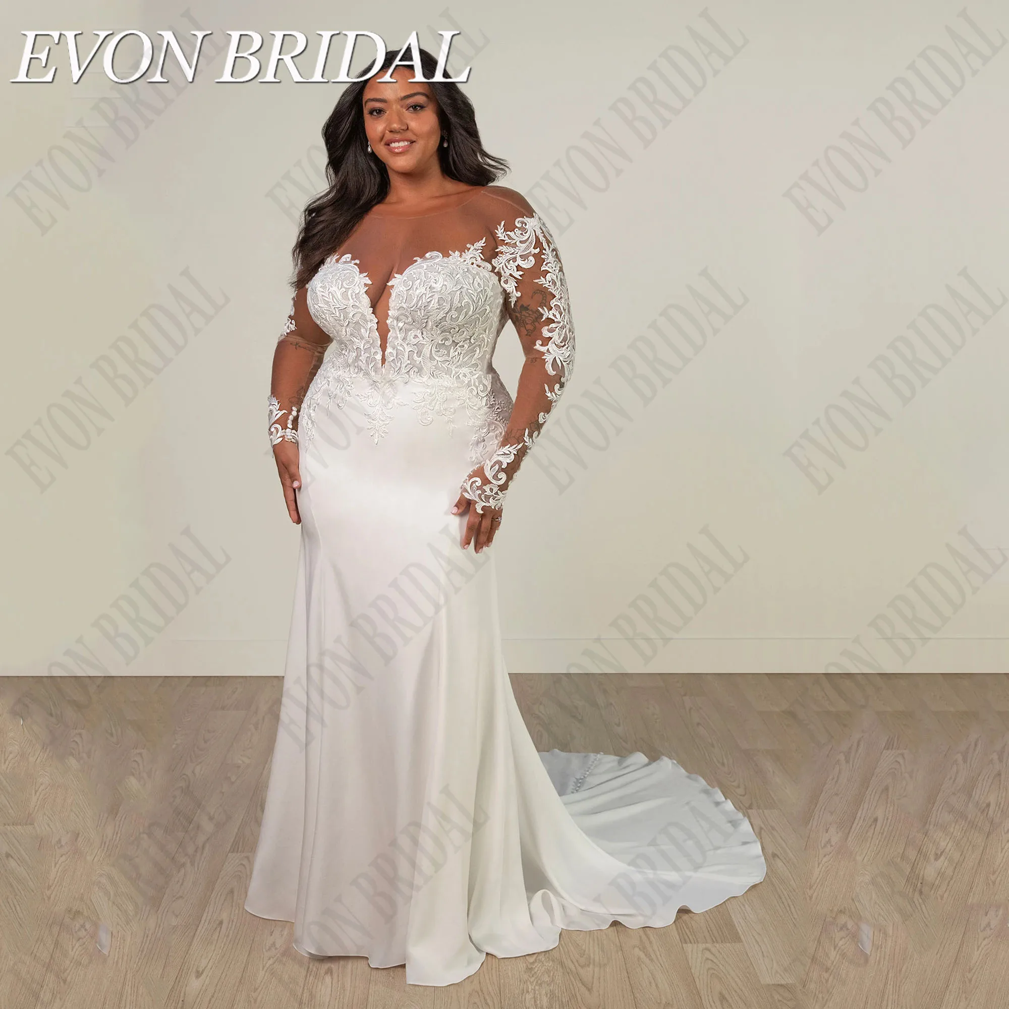 Luxury Plus Size Wedding Dresses Long Sleeves Mermaid Satin Bride Gowns Backless O-Neck Bridal Dress Lace Applique