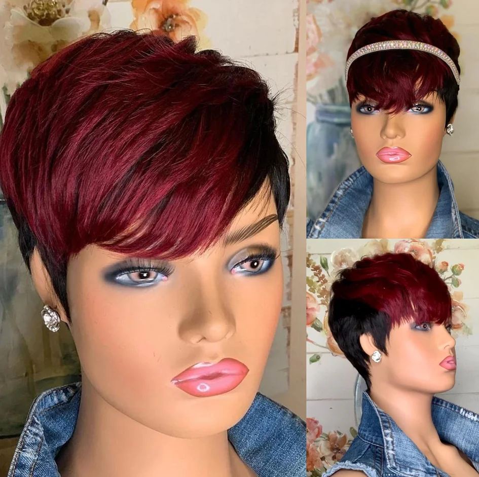 

WIGERA Synthetic Ombre Wine Red And Black #1B/99J Straight Bob Pixie Cut With Bang Side Bangs Short Hair Wig For Woman