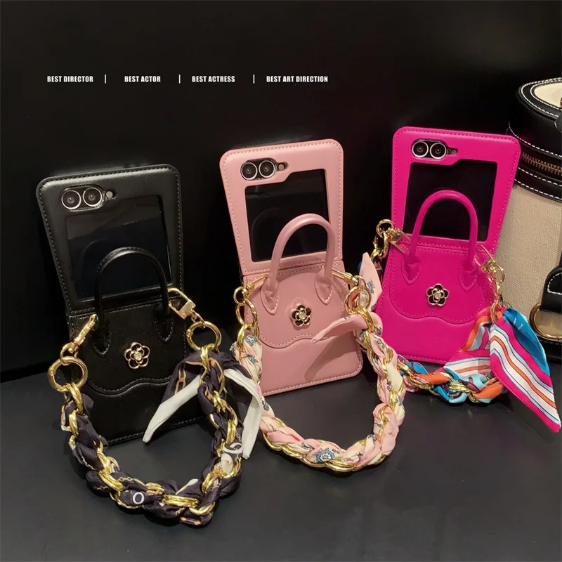 Deluxe 3D Flower PU Leather Handbag with Premium Silk Scarf Phone Case