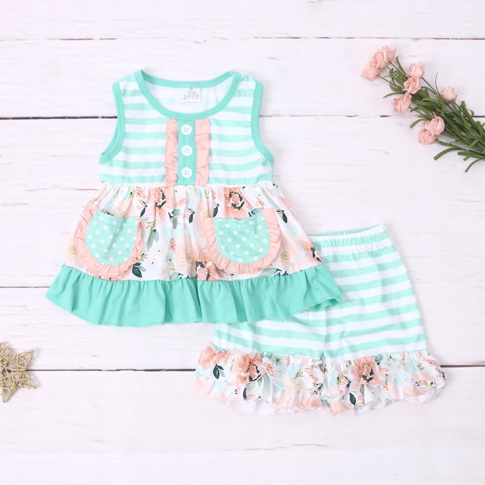 

Bebe 1-8T Bodysuit Baby Girl Clothes Set 2pcs Pocket Flower Suit Green Bow T-shirts Lace Outfits Toddler Babi Floral Shorts