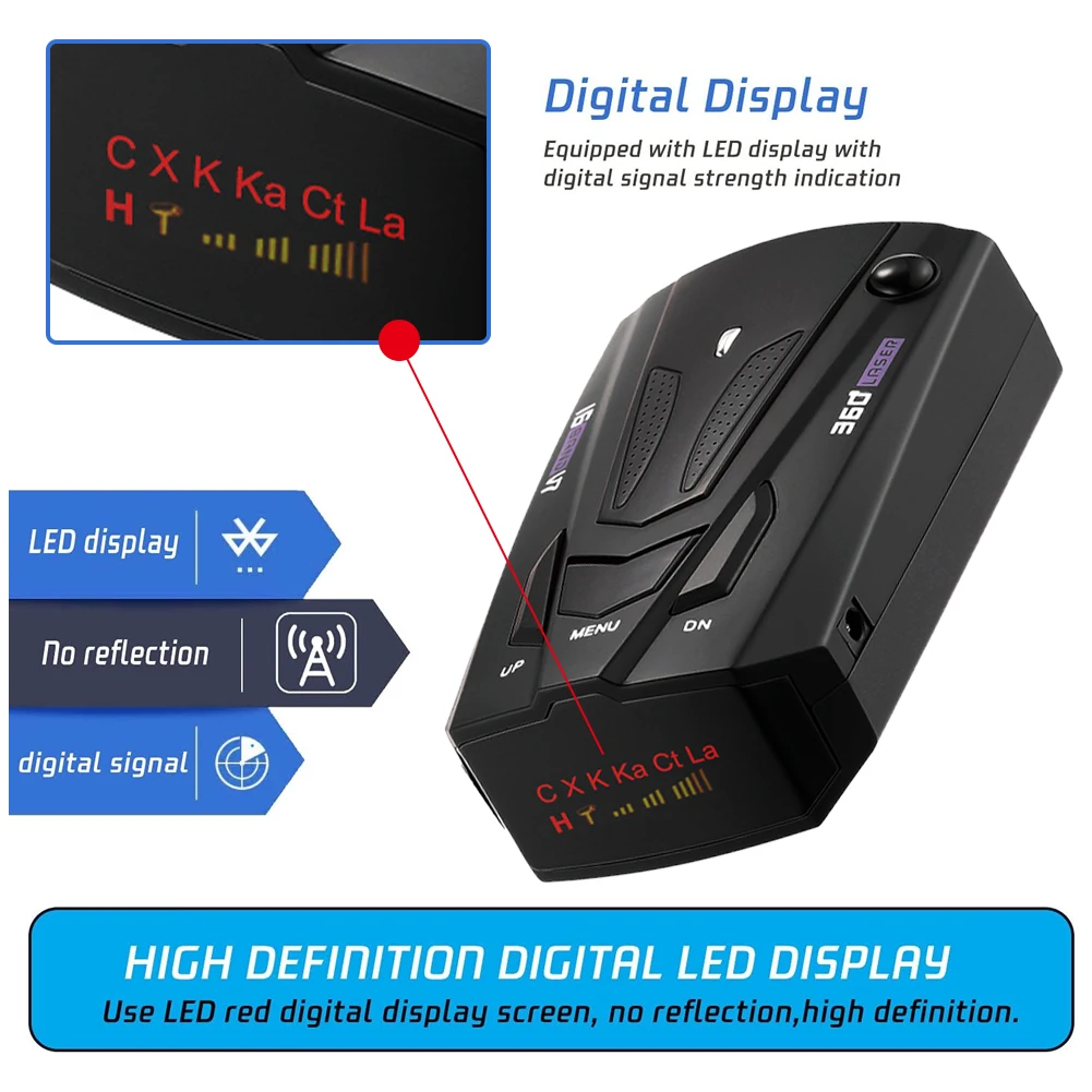 Détecteur de radar laser pour voitures, avec vitesse d'invite vocale,  système d'alarme de vitesse du véhicule, affichage LED, mode CityHighway