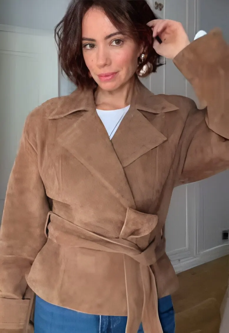 Vintage Suede Bomber Jacket With Belt Women Casual Brown Double Breasted Jackets Lapel Coat Basic Outwears Autumn Winter Fashion photo review