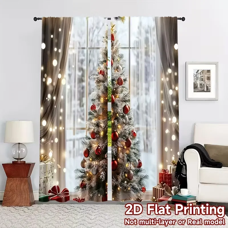 2pcs Christmas Tree Curtains Festive Design Polyester Window Decor for ...