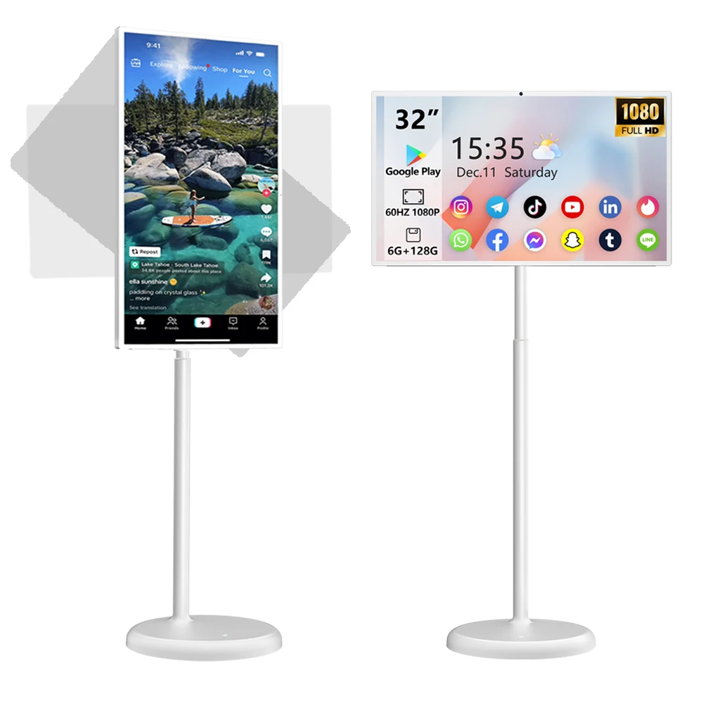Téléviseur intelligent portable de 32 pouces, écran tactile 60 Hz 1080p, téléviseur Android sur roulettes et réglable en hauteur, batterie de 15 000 mAh, appareil photo 13 MP, 6 Go + 128 Go 1