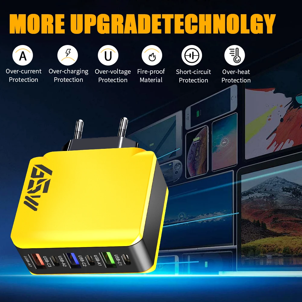 65W 6 Port USB C Charger PD3.0 QC3.0 Fast Charging Wall Adapter EU US UK Plug For iPhone 15 16 Pro Samsung Xiaomi Huawei Tablet