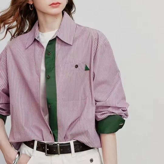 TOYOUTH Women Blouse Shirt  Autumn New American Retro Pure Cotton Striped Contrasting Splicing Turn Down Collar Shirt Tops photo review