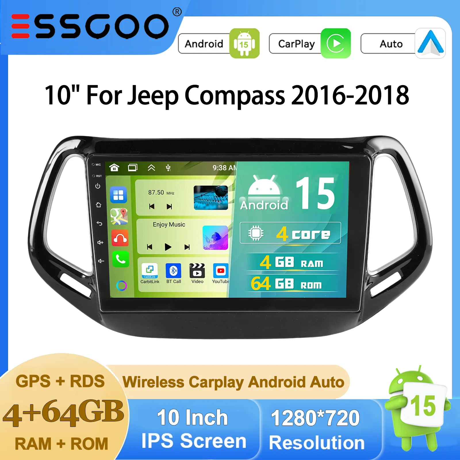 Autoradio ESSGOO Android 15 10 Zoll 4+64G/6+128G für Jeep Compass 2017-2020 Drahtloses CarPlay Android Auto GPS Navigation Bluetooth WiFi RDS Lenkradsteuerung Mirror Link Touchscreen