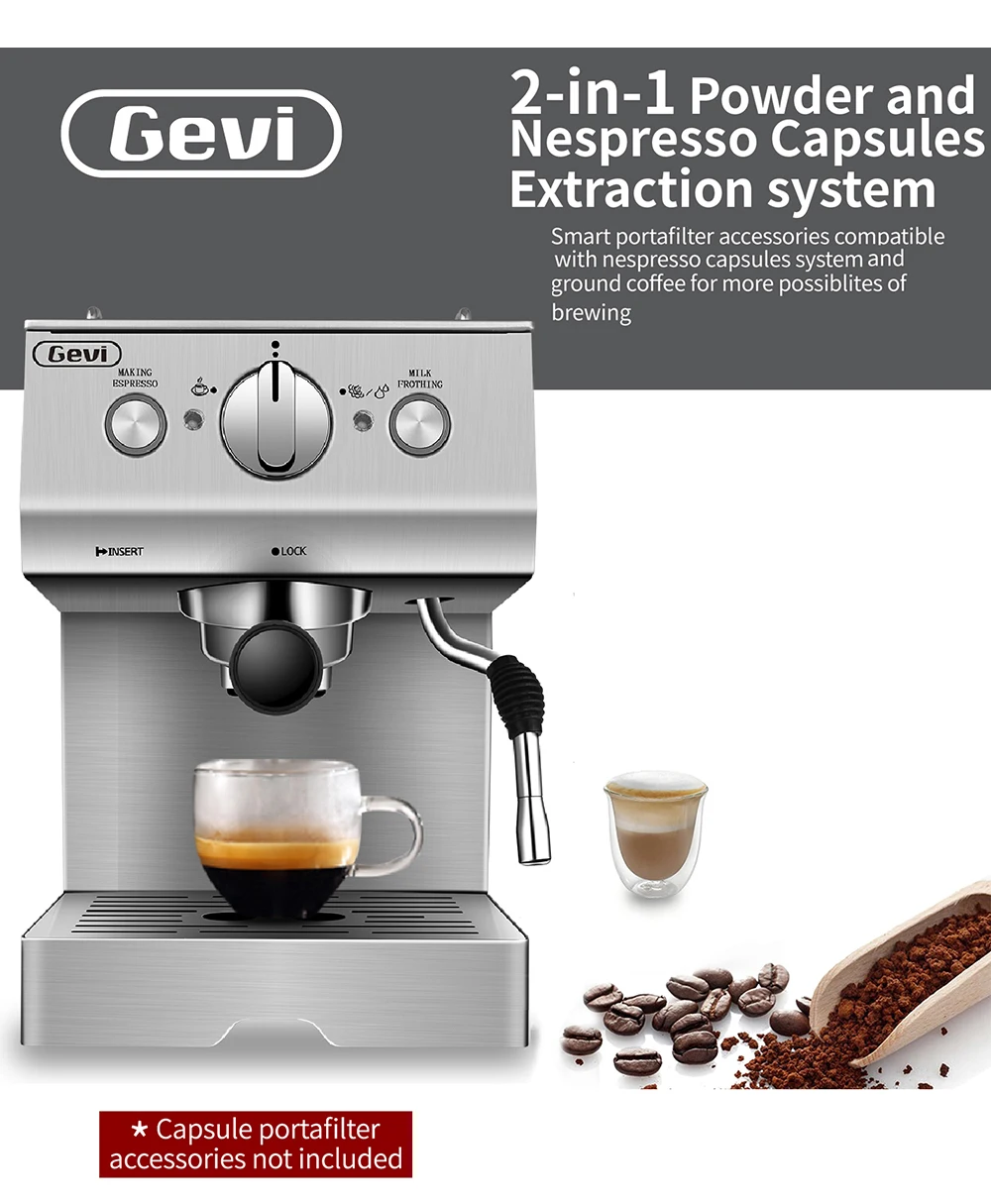 Gevi Espresso Machine 15 Bar Pump Pressure With Milk Frother Steam Wand