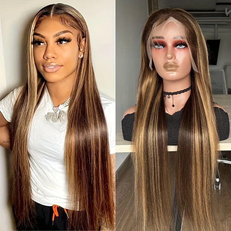 

30 Inch Highlight Ombre Lace Front Wig Human Hair HD Transparent Blonde 4/27 Straight 13x4 Lace Front Wigs With Human Hair Wigs