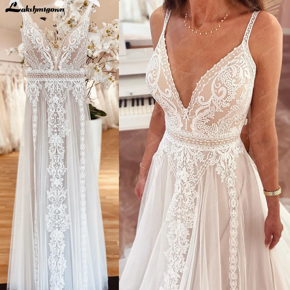 

Lakshmigown Plunging V Bohemian Wedding Dress 2023 Vestido Noiva Summer A Line Boho Wedding Dress V Neck Lace Open Back Sleevele