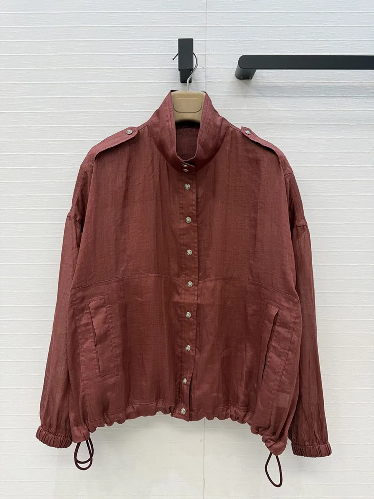 2026 Yeni İlkbahar Yaz Podyum Yüksek Kaliteli Keten Bordo Ceketler Montlar Kadın