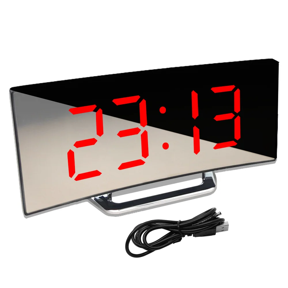 HotLargeScreenLEDCurvedSurfaceMirrorClockSilentAlarmClock