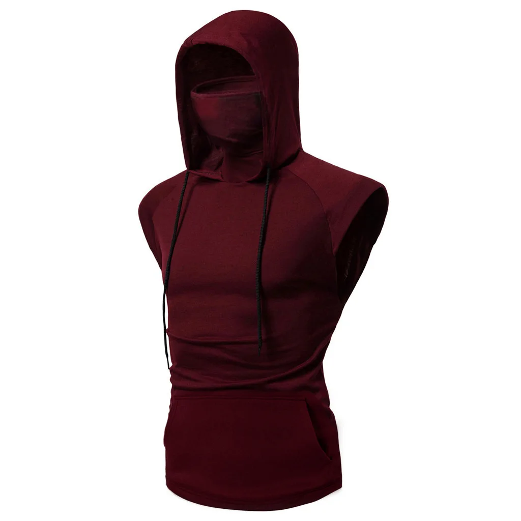 Men Gym Hoodie Short Sleeve with Mask Sweatshirt Hoodies Casual Splice Large Open-Forked Male Clothing Mask Button Sports Hooded