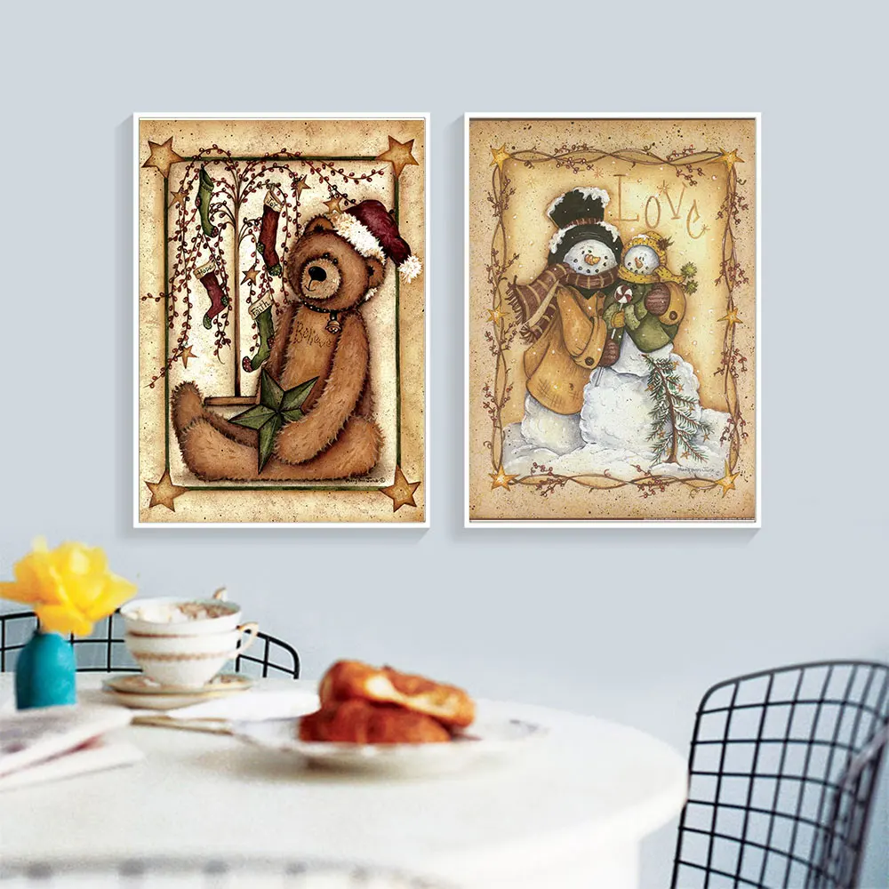 

Love Joy Believe Bear Wall Art Canvas Painting Retro Posters And Prints Merry Christmas Picture Living Room Home Christmas Decor