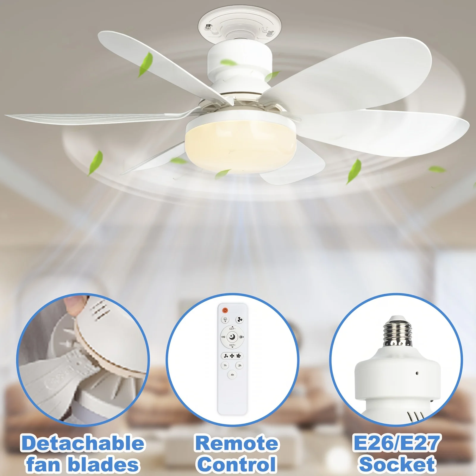 Ceiling fan 40W Socket Ceiling Fan with Light 20.5in Screw Ceiling Fans with LED Remote For Bedroom Garage and Kitchen