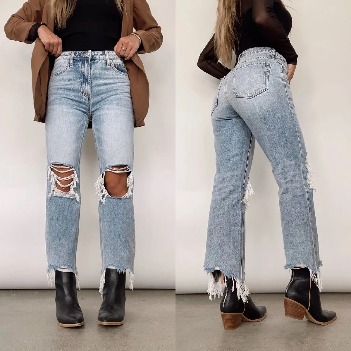 Jean Femme Déchiré Never Denim – Taille 30, Jambes Effilochées, Style Décontracté Usé