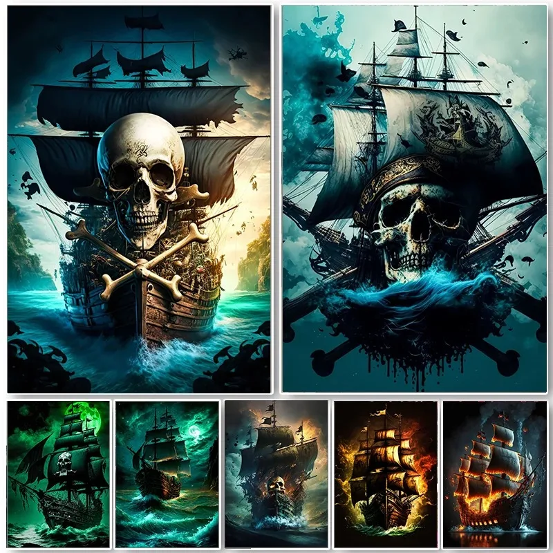 

1Pcs Bedroom Wall Art Canvas Painting Living Room Decoration for Bedroom Skull Interior Paintings Poster Pirate Ship Home Decor