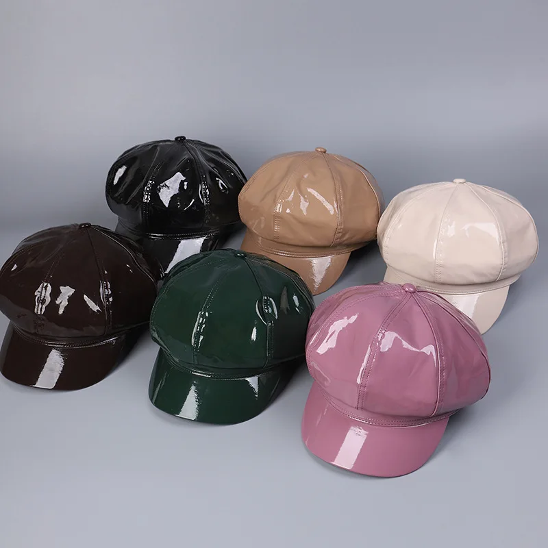 Women Solid Winter Cap Faux Leather Newsboy Hat Flat Hat Cabbie Beret Lady Fashion Octagonal