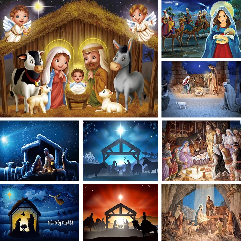 

Manger Nativity Backdrop Christmas Nativity Scene Decoration Banner Birth of Child Jesus Portrait Photo Background Photography