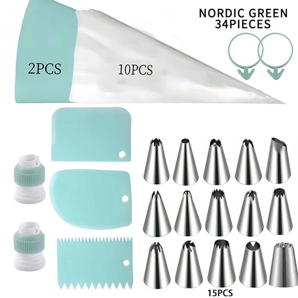 Cake Decorating Tools Set 34PCS 10 Disposable Pastry Sleeves 2 Reusable EVA Piping Bags 430 Stainless Steel Pastry Nozzles cake decorating tip set,baking supplies,cake icing nozzles,baking nozzle set,cake decorating nozzle set,pastry bag set