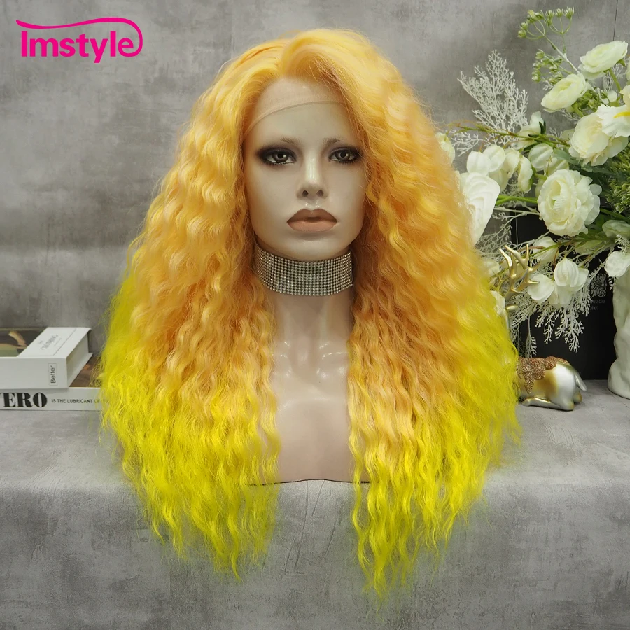 Imstyle Curly Synthetic Lace Front Wig Ombre Orange Wigs For Women Cosplay Deep Wave Wig Two Tone Heat Resistant 22 Inch