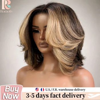 5x5 Lace Gold Blonde Highlight Bob Wig Human Hair Bone Straight 1B Black Glueless Wig  Wear and Go Pre Plucked 1