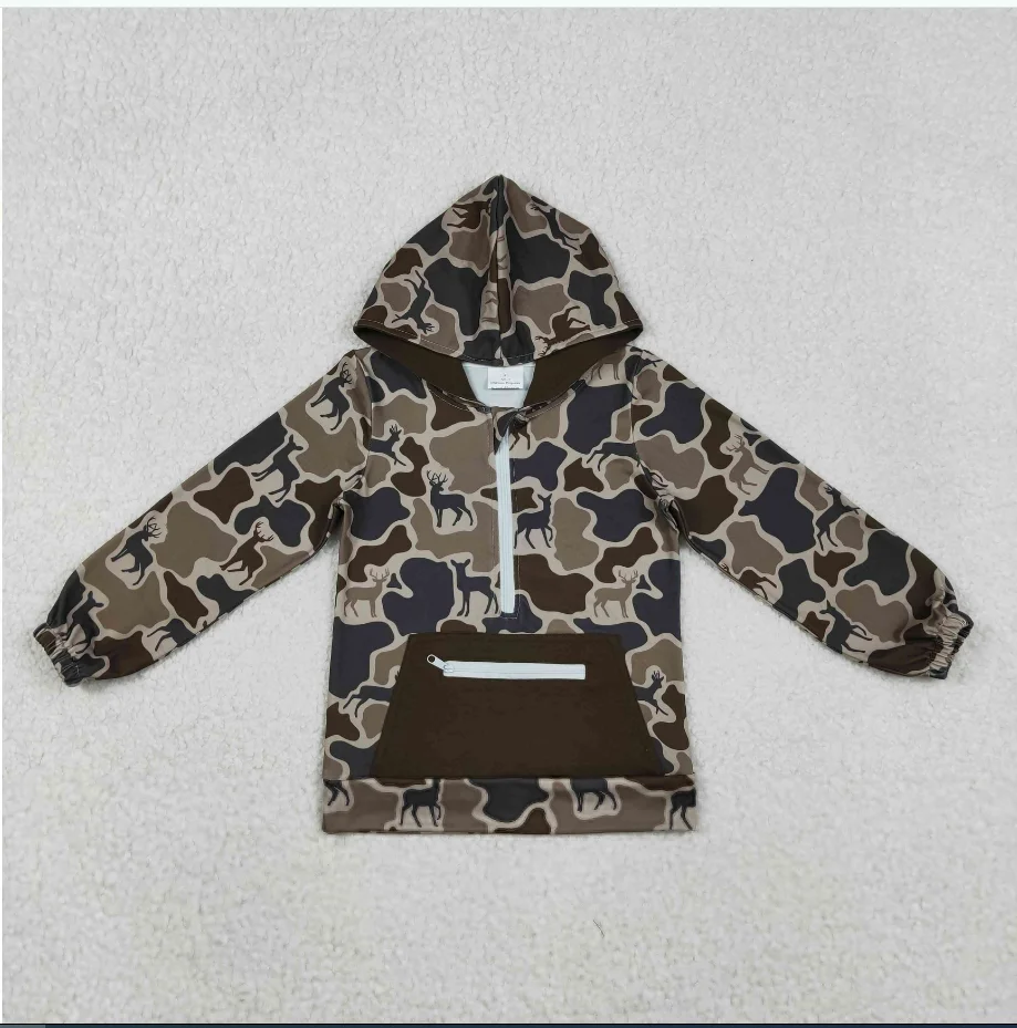 Spring Boy BT1442 브라운 카모 프린트 키즈 포켓 후디 버튼 재킷 탑
