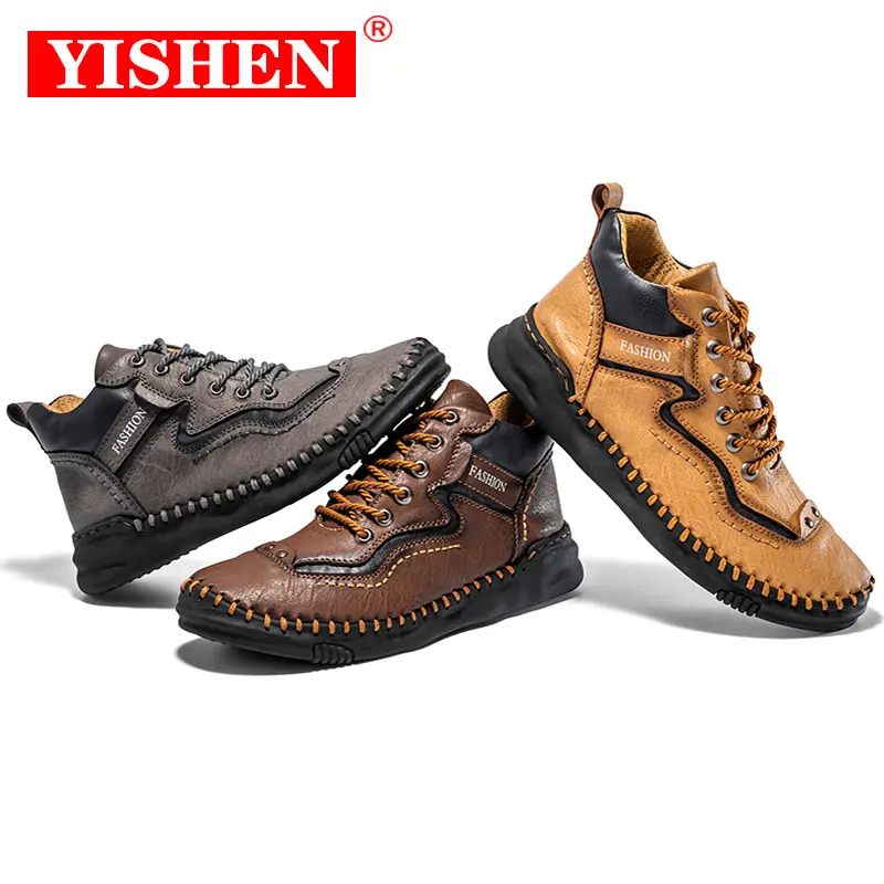 

YISHEN Genuine Leather Men Ankle Boots Platform Walking Boots New Design Soft Leather Handmade Boots Sneakers Plus Size 39~48
