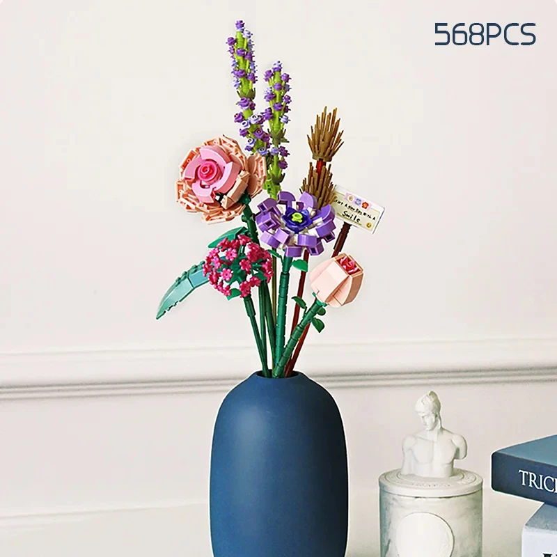 Romantic Rose Flowers Bouquet Building Blocks Sunflower Model Bricks Creative Desktop Decoration Kids DIY Toys Girls Gifts 6