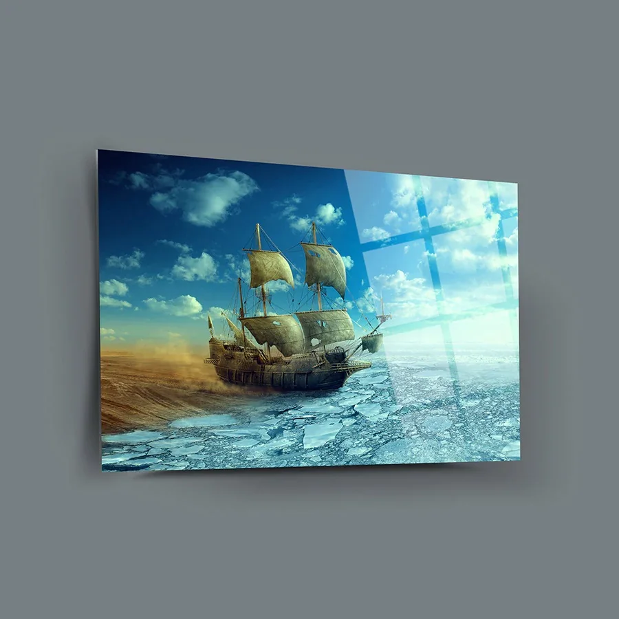 

Desert And Ice Ship Decor, Glass Wall Art, Frameless Free Floating Tempered Glass Panel, Home Office Living Room Decoration,